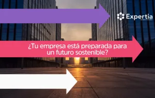 Flechas de colores apuntando hacia el horizonte entre edificios corporativos, con la pregunta “¿Tu empresa está preparada para un futuro sostenible?” destacada en el centro.