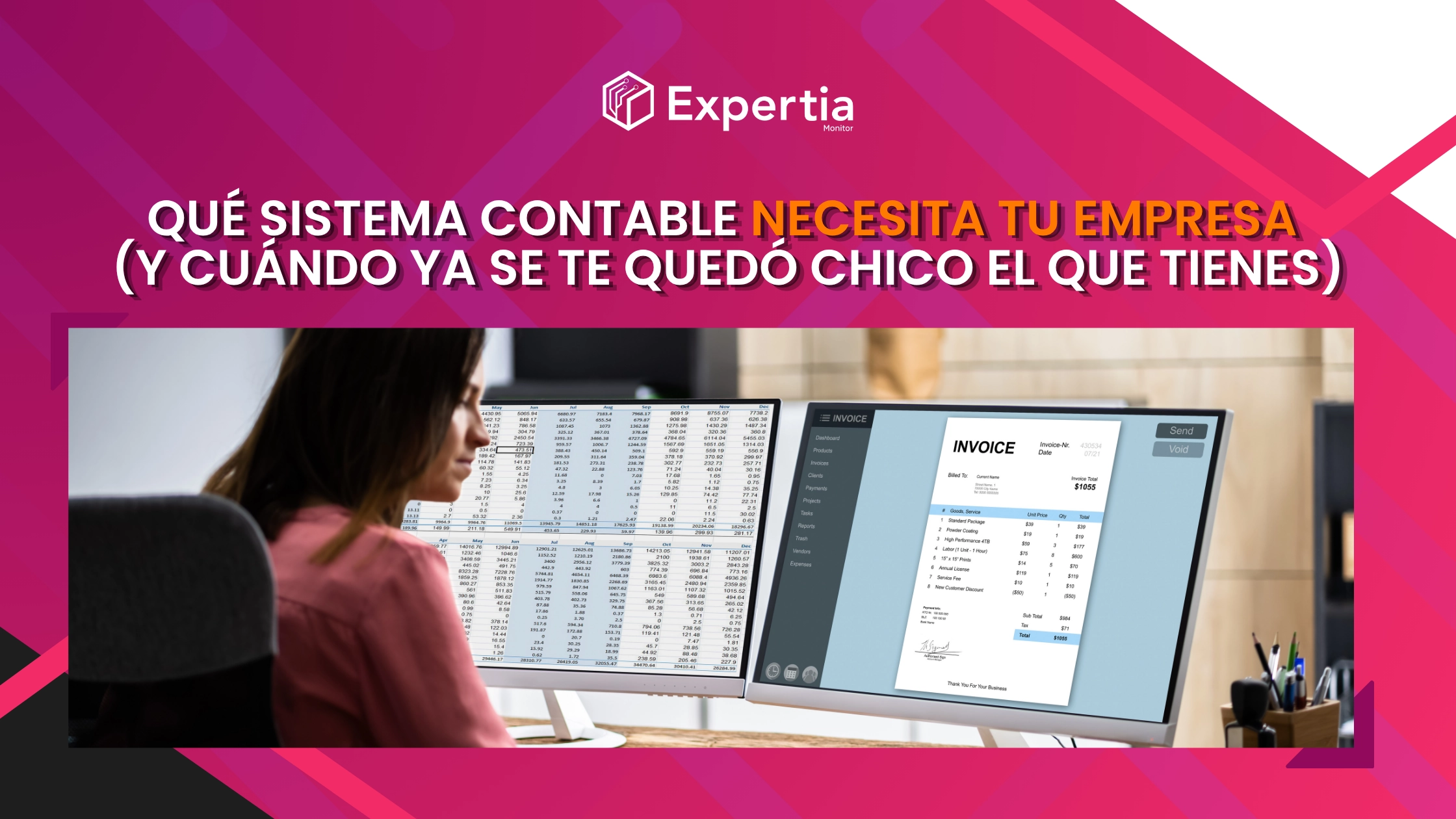 Persona revisando hojas de cálculo e invoices digitales, en referencia a qué sistema contable necesita una empresa y cuándo le quedó chico el actual